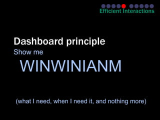 Efficient Interactions




Dashboard principle
Show me

 WINWINIANM
(what I need, when I need it, and nothing more)
 