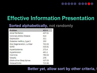 Effective Information Presentation
Sorted alphabetically, not randomly




          Better yet, allow sort by other criteria, t
 