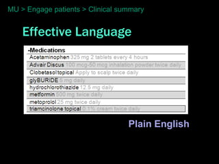 MU > Engage patients > Clinical summary


    Effective Language




                                  Plain English
 