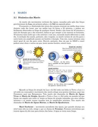 3 MARÉS
3.1 Dinâmica das Marés
As marés são movimentos verticais das águas, causadas pela ação das forças
gravitacionais da Lua, em primeiro plano, e do Sol em segundo plano.
O aumento e a diminuição dos níveis dos oceanos ocorrem em média duas vezes
durante cada dia lunar, que em média tem 24 horas e 50 minutos, e podem ser
facilmente observados ao longo de qualquer litoral. Sendo o dia lunar de 50 minutos a
mais de duração que o dia terrestre, deduz-se que sempre a lua nascerá no horizonte,
50 minutos mais tarde que o dia anterior e com isso, causando marés diferentes a cada
dia. A oscilação das marés, portanto, não é regular, as marés variam de um dia para o
outro tanto em amplitude quanto em horário e duração. Com isto, nunca teremos uma
maré igual de um dia para outro. Haverá, portanto, dias em que às 06h00 a maré
poderá estar cheia e outros em que, neste mesmo horário, estará vazia.
Quando as forças de atração da Lua e do Sol estão em linha (a Terra a Lua e o
sol estão em conjunção) o movimento das marés atinge seus pontos extremos, quer nas
Preamares quer nas Baixamares. Tais marés são chamadas de Marés de Águas
Vivas ou Marés de Sizígia. Quando a Terra a Lua e o Sol estão em posição tal que
fazem um angulo reto entre sí, temos as forças de atração reduzidas aos seus valores
mínimos e as marés nessas ocasiões tem as amplitudes mínimas. Tais marés são
chamadas de Marés de Águas Mortas, ou Marés de Quadratura.
Maré Enchente – movimento ascendente das águas, que quando alcança seu
nível mais alto no ciclo, atinge o que se chama de Preamar. Formam correntezas que
trazem águas do alto mar para dentro das baías. A água se torna mais limpa.
MARÉ DE SIGÍZIA
11
Maré fortíssima, pois sol e lua se
somam puxando as águas para o
mesmo lado.
MARÉ DE QUADRATURA
Maré fraca, pois sol e lua competem,
cada puxando as águas para lados
diferentes
Ocorre na lua nova,
isto é, quando ela não aparece
no céu.
Ocorre nas luas
minguante e crescente. MARÉ SIGÍZIA
Maré forte, pois sol e lua se somam
puxando as águas para lados oposto,
achatando os oceanos..
Ocorre na lua cheia, isto é, quando
ela aparece inteira no céu.
 