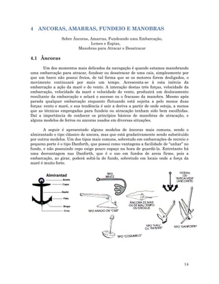 4 ANCORAS, AMARRAS, FUNDEIO E MANOBRAS
Sobre Âncoras, Amarras, Fundeando uma Embarcação,
Lemes e Espias,
Manobras para Atracar e Desatracar
4.1 Âncoras
Um dos momentos mais delicados da navegação é quando estamos manobrando
uma embarcação para atracar, fundear ou desatracar de uma cais, simplesmente por
que um barco não possui freios, de tal forma que se os motores forem desligados, o
movimento continuará por mais um tempo. Acrescenta-se à esta inércia da
embarcação a ação da maré e do vento. A interação destas três forças, velocidade da
embarcação, velocidade da maré e velocidade do vento, produzirá um deslocamento
resultante da embarcação e selará o sucesso ou o fracasso da manobra. Mesmo após
parada qualquer embarcação enquanto flutuando está sujeita a pelo menos duas
forças: vento e maré, e sua tendência é sair a deriva a partir de onde esteja, a menos
que as técnicas empregadas para fundeio ou atracação tenham sido bem escolhidas.
Daí a importância de conhecer os princípios básicos de manobras de atracação, e
alguns modelos de ferros ou ancoras usados em diversas situações.
Um dos momentos mais delicados da navegação é quando estamos manobrando
uma embarcação para atracar, fundear ou desatracar de uma cais, simplesmente por
que um barco não possui freios, de tal forma que se os motores forem desligados, o
movimento continuará por mais um tempo. Acrescenta-se à esta inércia da
embarcação a ação da maré e do vento. A interação destas três forças, velocidade da
embarcação, velocidade da maré e velocidade do vento, produzirá um deslocamento
resultante da embarcação e selará o sucesso ou o fracasso da manobra. Mesmo após
parada qualquer embarcação enquanto flutuando está sujeita a pelo menos duas
forças: vento e maré, e sua tendência é sair a deriva a partir de onde esteja, a menos
que as técnicas empregadas para fundeio ou atracação tenham sido bem escolhidas.
Daí a importância de conhecer os princípios básicos de manobras de atracação, e
alguns modelos de ferros ou ancoras usados em diversas situações.
A seguir é apresentado alguns modelos de âncoras mais comuns, sendo o
almirantado o tipo clássico de ancora, mas que está gradativamente sendo substituído
por outros modelos. Um dos tipos mais comuns, sobretudo em embarcações de recreio e
pequeno porte é o tipo Danforth, que possui como vantagens a facilidade de “unhar” no
fundo, e não possuindo cepo exige pouco espaço na hora de guardá-la. Entretanto há
uma desvantagem nas Danforth, que é o uso em fundos de areia firme, pois a
embarcação, ao girar, poderá soltá-la do fundo, sobretudo em locais onde a força da
maré é muito forte.
A seguir é apresentado alguns modelos de âncoras mais comuns, sendo o
almirantado o tipo clássico de ancora, mas que está gradativamente sendo substituído
por outros modelos. Um dos tipos mais comuns, sobretudo em embarcações de recreio e
pequeno porte é o tipo Danforth, que possui como vantagens a facilidade de “unhar” no
fundo, e não possuindo cepo exige pouco espaço na hora de guardá-la. Entretanto há
uma desvantagem nas Danforth, que é o uso em fundos de areia firme, pois a
embarcação, ao girar, poderá soltá-la do fundo, sobretudo em locais onde a força da
maré é muito forte.
Almirantad
14
 