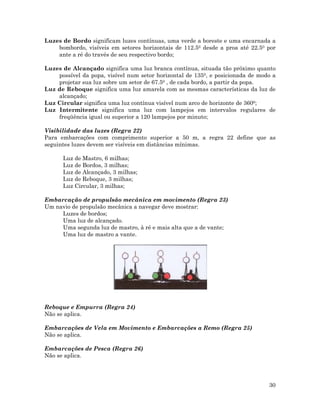 Luzes de Bordo significam luzes contínuas, uma verde a boreste e uma encarnada a
bombordo, visíveis em setores horizontais de 112.50 desde a proa até 22.50 por
ante a ré do través de seu respectivo bordo;
Luzes de Alcançado significa uma luz branca contínua, situada tão próximo quanto
possível da popa, visível num setor horizontal de 1350, e posicionada de modo a
projetar sua luz sobre um setor de 67.50 , de cada bordo, a partir da popa.
Luz de Reboque significa uma luz amarela com as mesmas características da luz de
alcançado;
Luz Circular significa uma luz contínua visível num arco de horizonte de 3600;
Luz Intermitente significa uma luz com lampejos em intervalos regulares de
freqüência igual ou superior a 120 lampejos por minuto;
Visibilidade das luzes (Regra 22)
Para embarcações com comprimento superior a 50 m, a regra 22 define que as
seguintes luzes devem ser visíveis em distâncias mínimas.
Luz de Mastro, 6 milhas;
Luz de Bordos, 3 milhas;
Luz de Alcançado, 3 milhas;
Luz de Reboque, 3 milhas;
Luz Circular, 3 milhas;
Embarcação de propulsão mecânica em movimento (Regra 23)
Um navio de propulsão mecânica a navegar deve mostrar:
Luzes de bordos;
Uma luz de alcançado.
Uma segunda luz de mastro, à ré e mais alta que a de vante;
Uma luz de mastro a vante.
Reboque e Empurra (Regra 24)
Não se aplica.
Embarcações de Vela em Movimento e Embarcações a Remo (Regra 25)
Não se aplica.
Embarcações de Pesca (Regra 26)
Não se aplica.
30
 
