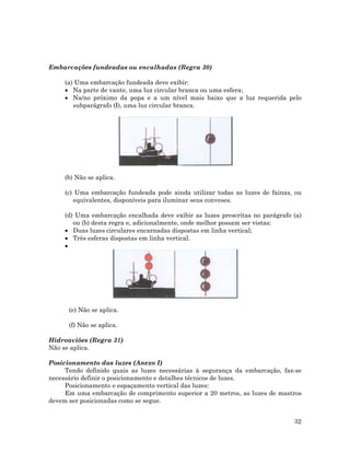 Embarcações fundeadas ou encalhadas (Regra 30)
(a) Uma embarcação fundeada deve exibir:
• Na parte de vante, uma luz circular branca ou uma esfera;
• Na/no próximo da popa e a um nível mais baixo que a luz requerida pelo
subparágrafo (I), uma luz circular branca.
(b) Não se aplica.
(c) Uma embarcação fundeada pode ainda utilizar todas as luzes de fainas, ou
equivalentes, disponíveis para iluminar seus conveses.
(d) Uma embarcação encalhada deve exibir as luzes prescritas no parágrafo (a)
ou (b) desta regra e, adicionalmente, onde melhor possam ser vistas:
• Duas luzes circulares encarnadas dispostas em linha vertical;
• Três esferas dispostas em linha vertical.
•
(e) Não se aplica.
(f) Não se aplica.
Hidroaviões (Regra 31)
Não se aplica.
Posicionamento das luzes (Anexo I)
Tendo definido quais as luzes necessárias à segurança da embarcação, faz-se
necessário definir o posicionamento e detalhes técnicos de luzes.
Posicionamento e espaçamento vertical das luzes:
Em uma embarcação de comprimento superior a 20 metros, as luzes de mastros
devem ser posicionadas como se segue.
32
 