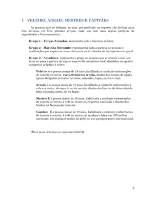 6
1 VELEIRO, ARRAIS, MESTRES E CAPITÃES
As pessoas que se dedicam ao mar, por profissão ou esporte, são dividas para
fins diversos em três grandes grupos, cada um com suas regras próprias de
organização e funcionamento.:
Grupo 1 – Forças Armadas: representa todo o universo militar.
Grupo 2 – Marinha Mercante: reprensenta toda a parcela de pessoas e
instituições que exploram comercialmente as atividades de transportes em geral.
Grupo 3 – Amadores: representa o grupo de pessoas que procuram o mar por
lazer ou para a prática de algum esporte Os amadores estão divididos em quatro
categorias próprias à saber:
Veleiro: é a pessoa menor de 18 anos, habilitada a conduzir embarcações
de esporte e recreio, exclusivamente à vela, dentro dos limites de águas
águas abrigadas (interior de baías, enseadas, lagos, portos e rios).
Arrais: é a pessoa maior de 18 anos, habilitada a conduzir embarcações à
vela e a motor, de esporte ou de recreio, dentro dos limites de determinada
baía, enseada, porto, rio ou lagoa.
Mestre: É a pessoa maior de 18 anos, habilitada a conduzir embarcações
de esporte e recreio, à vela ou motor entre portos nacionais e dentro dos
limites da Navegação Costeira.
Capitão: É a pessoa maior de 18 anos, habilitada a conduzir embarcações
de esporte e recreio, à vela ou motor em qualquer faixa das 200 milhas
nacionais, em qualquer região do globo ou em qualquer porto internacional.
(Para mais detalhes ver capítulo LESTA).
 