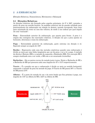 2 A EMBARCAÇÃO
(Direções Relativas, Nomenclatura, Movimentos e Balanços)
2.1 Direções Relativas
As direções relativas são formada pelos angulos principais, de 0º à 360º, contados a
partir da proa em sentido horário. As medidas relativas são de grande utilidade para
posicionamento da embarcação em relação às demais, quando navegando, bem como
para orientação do vento no caso dos veleiros, de modo a nos indicar por qual ângulo
ele está “entrando”.
Proa – Extremidade anterior da embarcação, que aponta para frente. A proa é a
origem das contagens das marcações relativas. A direção em que a proa aponta no
horizonte, determina o rumo da embarcação.
Popa – Extremidade posterior da embarcação, parte extrema em direção à ré.
Equivale sempre ao angulo de 180º.
Bordos – Representa cada uma das metades simétricas quando uma embarcação é
divida ao meio por uma linha imaginária que sai da proa e vai a té a popa. A metade
da direita é Boreste (BE) e a metade da esquerda e Bombordo (BB). Por conveção BE é
sempre sinalizado com a cor verde, e BB com a cor encarnada (vermelha).
Bochechas – São as partes curvas do costado junto à proa. Existe a Bochecha de BE e
a Bochecha de BB que possuem cada uma ângulos de 45º e 315º respectivamente.
Través – É a posição em que a embarcação é divida ao meio no sentido horizontal,
separando a metade da proa da metade da popa. O Través de BE possui 90º e o Través
de BB possui 270º.
7
Alhetas – É a parte do costado de um e de outro bordo que fica próximo à popa, nos
ângulos de 135º na Alheta de BE e 225º na Alheta de BB.
BoresteBombordo
 