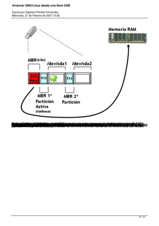 Arrancar GNU/Linux desde una llave USB
Escrito por Sagrario Peralta Fernández
Miércoles, 21 de Febrero de 2007 15:38
Ahora LILO está instalado en el MBR principal (puede que para algunos fabricantes de BIOSno lo necesitemos instalar, como se ha mencionado en el apartado 4.4) y pasa el control alsector de arranque de la partición activa, en este caso, la primera, donde está instaladoSyslinux.Una vez que la BIOS ha cedido el control al gestor de arranque, este cede a su vez el controlsobre el sistema al auténtico sistema operativo, en este caso, el kernel de Linux.·        KERNEL E INITRDEl bootloader carga el núcleo (archivo vmlinuz) e initrd (Initial Ramdisk también denominado initdisk) en la memoria de una forma especifica. Luego, ejecuta el kernel, indicándole la existencia de initrden memoria así como, su posición en la misma. Normalmenteinitrdestá comprimido, por lo que el kernel lo descomprime y lo monta como pequeño sistema dearchivos temporal en una parte de la memoria RAM reservada para tal fin.Initrd proporciona un entorno Linux mínimo que permite la ejecución de programasfundamentales, antes de que el sistema de archivos raíz real pueda ser montado.Una vez descomprimido y montado, initrd facilita un programa denominado linuxrc (sentenciainit=linuxrc en el archivo syslinux.cfg), que se encarga de que pueda montarse el sistema de archivos raíz verdadero. En el momentoen quelinuxrcfinaliza, el disco temporalinitrdse desmonta (umount) y el proceso de arranque reanuda su secuencia habitual montando el auténtico sistema dearchivos raíz y, reservando gran parte de la memoria RAM como disco duro virtual del liveCD(aproximadamente un 80%).
37 / 41
 