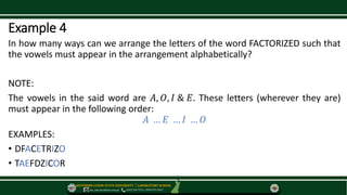 SOUTHERN LUZON STATE UNIVERSITY ⃒ LABORATORY SCHOOL
slsu_labschool@slsu.edu.ph (042) 540-7576 / 0949-873-5043
Example 4
In how many ways can we arrange the letters of the word FACTORIZED such that
the vowels must appear in the arrangement alphabetically?
NOTE:
The vowels in the said word are 𝐴, 𝑂, 𝐼 & 𝐸. These letters (wherever they are)
must appear in the following order:
𝐴 … 𝐸 … 𝐼 … 𝑂
EXAMPLES:
• DFACETRIZO
• TAEFDZICOR
 