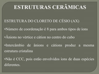 ESTRUTURAS CERÂMICAS
ESTRUTURA DO CLORETO DE CÉSIO (AX)
•Número de coordenação é 8 para ambos tipos de íons
•Ânions no vértice e cátion no centro do cubo
•Intercâmbio de ânions e cátions produz a mesma
estrutura cristalina
•Não é CCC, pois estão envolvidos íons de duas espécies
diferentes.
 