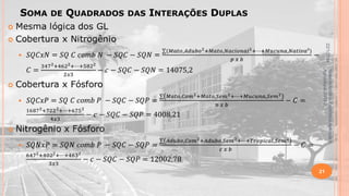 SOMA DE QUADRADOS DAS INTERAÇÕES DUPLAS


22/1/2014

Material didático Estatística Aplicada à
Agricultura, 2013-2.

21

 