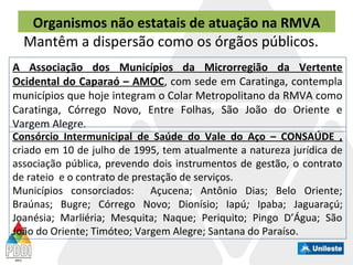 Organismos não estatais de atuação na RMVA
Mantêm a dispersão como os órgãos públicos.
A Associação dos Municípios da Microrregião da Vertente
Ocidental do Caparaó – AMOC, com sede em Caratinga, contempla
municípios que hoje integram o Colar Metropolitano da RMVA como
Caratinga, Córrego Novo, Entre Folhas, São João do Oriente e
Vargem Alegre.
Consórcio Intermunicipal de Saúde do Vale do Aço – CONSAÚDE ,
criado em 10 de julho de 1995, tem atualmente a natureza jurídica de
associação pública, prevendo dois instrumentos de gestão, o contrato
de rateio e o contrato de prestação de serviços.
Municípios consorciados: Açucena; Antônio Dias; Belo Oriente;
Braúnas; Bugre; Córrego Novo; Dionísio; Iapú; Ipaba; Jaguaraçú;
Joanésia; Marliéria; Mesquita; Naque; Periquito; Pingo D’Água; São
João do Oriente; Timóteo; Vargem Alegre; Santana do Paraíso.
 