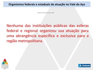 Organismos federais e estaduais de atuação no Vale do Aço
O diagnóstico é de dispersão da atuação dos órgãos
Nenhuma das instituições públicas das esferas
federal e regional organizou sua atuação para
uma abrangência específica e exclusiva para a
região metropolitana.
 