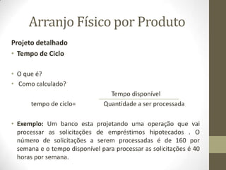 Arranjo Físico por Produto
Projeto detalhado
• Tempo de Ciclo
• O que é?
• Como calculado?
tempo de ciclo=

Tempo disponível
Quantidade a ser processada

• Exemplo: Um banco esta projetando uma operação que vai
processar as solicitações de empréstimos hipotecados . O
número de solicitações a serem processadas é de 160 por
semana e o tempo disponível para processar as solicitações é 40
horas por semana.

 