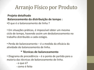 Arranjo Físico por Produto
Projeto detalhado
Balanceamento da distribuição de tempo :
•O que é o balanceamento de linha ?

• Em situações práticas, é impossível obter um mesmo
ciclo de tempo, havendo assim um desbalanceamento no
trabalho distribuído a cada estágio.
• Perda de balanceamento – é a medida da eficácia da
atividade do balanceamento de linha.

* Técnicas de balanceamento
• Diagrama de precedência – é o ponto de partida para a
maioria das técnicas de balanceamento de linha.
- o que é?
- como é feito

 