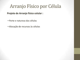 Arranjo Físico por Célula
Projeto de Arranjo físico celular :
• Porte e natureza das células
• Alocação de recursos às células

 