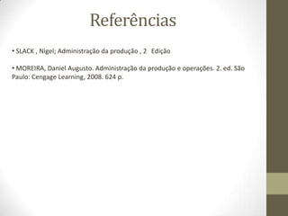 Referências
• SLACK , Nigel; Administração da produção , 2 Edição
• MOREIRA, Daniel Augusto. Administração da produção e operações. 2. ed. São
Paulo: Cengage Learning, 2008. 624 p.

 