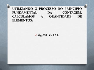 UTILIZANDO O PROCESSO DO PRINCÍPIO
FUNDAMENTAL      DA     CONTAGEM,
CALCULAMOS    A   QUANTIDADE    DE
ELEMENTOS:



           O A3,2 = 3 . 2 . 1 = 6
 