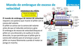 ENGRANAJE DEL PIÑÓN:
Mando de embrague de
exceso de velocidad
El mando de embrague de exceso de velocidad
requiere una palanca que mueve el piñón con la
corona del volante.
El piñón se activa con la corona del volante
antes de que el inducido comience a girar.
El embrague de exceso de velocidad bloquea el
piñón en una dirección y lo suelta en la otra
dirección, lo que permite que el piñón gire la
corona del volante para el arranque y que el
piñón se mueva libremente cuando el motor se
ponga en marcha.
Mando de embrague de exceso de
velocidad
 
