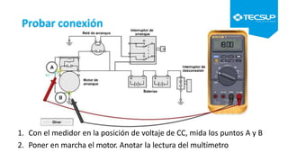 Probar conexión
1. Con el medidor en la posición de voltaje de CC, mida los puntos A y B
2. Poner en marcha el motor. Anotar la lectura del multímetro
 