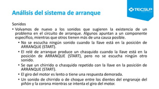 Análisis del sistema de arranque
Sonidos
• Volvamos de nuevo a los sonidos que sugieren la existencia de un
problema en el circuito de arranque. Algunos apuntan a un componente
específico, mientras que otros tienen más de una causa posible.
• No se escucha ningún sonido cuando la llave está en la posición de
ARRANQUE (START).
• El relé de arranque produce un chasquido cuando la llave está en la
posición de ARRANQUE (START), pero no se escucha ningún otro
sonido.
• Se oye un chirrido o chasquido repetido con la llave en la posición de
ARRANQUE (START).
• El giro del motor es lento o tiene una respuesta demorada.
• Un sonido de chirrido o de choque entre los dientes del engranaje del
piñón y la corona mientras se intenta el giro del motor.
 