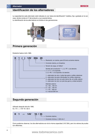 Alternador

    Identificación de los alternadores

    La capacidad de cada alternador está indicada en una “placa de identificación” metálica, fija o grabada en la car-
    casa, donde consta el nº del producto y sus características.
    La identificación de los alternadores se divide en dos generaciones.




    Primera generación

    Existente hasta el año 1985.


      K     1 ( )         14V       35A      20
                                                     Revolución, en cientos, para 2/3 de la corriente máxima

                                                     Corriente máxima, en Ampérios

                                                     Tensión de carga, en Voltios*

                                                     Sentido de la revolución ** (→) o “R” = a la derecha
                                                     (←) o “L” = a la izquierda
                                                     (↔) o “RL” = a la izquierda o la derecha

                                                     1 = alternador de rotor c/ polos tipo garra y anillos colectores
                                                     2 = alternador de polos individuales con anillos colectores
                                                     3 = alternador de rotor con polo interno fijo, sin anillo colector
                                                     4 = alternador de rotor con polo tipo garra y unidad excitatriz

                                                     Diámetro externo
                                                     G = 100 .. 109 mm
                                                     K = 120 .. 139 mm
                                                     T = 170 .. 199 mm
                                                     U = más de 200 mm




    Segunda generación

    Utilizado después del año 1985.
    Ex.: K1 ( ) 14V 16 / 35 A


      K     1     →      14V          16 / 35
                                                     Corriente máxima

                                                     Corriente mínima a 1.500 min-1


    Como podemos observar, los dos alternadores son de la misma capacidad (14V 35A), pero los valores de prueba
    son diferentes.


4
                                   www.todomecanica.com
 