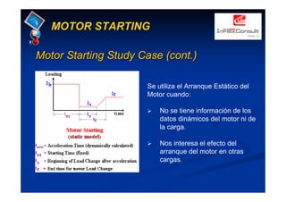 MotorMotor StartingStarting StudyStudy Case (cont.)Case (cont.)
MOTOR STARTING
Se utiliza el Arranque Estático del
Motor cuando:
No se tiene información de los
datos dinámicos del motor ni de
la carga.
Nos interesa el efecto del
arranque del motor en otras
cargas.
 