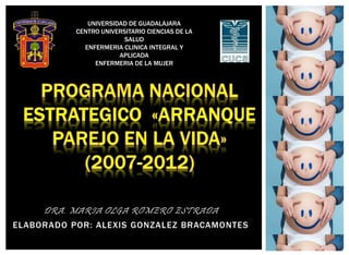 UNIVERSIDAD DE GUADALAJARA 
CENTRO UNIVERSITARIO CIENCIAS DE LA 
SALUD 
ENFERMERIA CLINICA INTEGRAL Y 
APLICADA 
ENFERMERIA DE LA MUJER 
DRA. MARIA OLGA ROMERO ESTRADA 
ELABORADO POR: ALEXIS GONZALEZ BRACAMONTES 
 