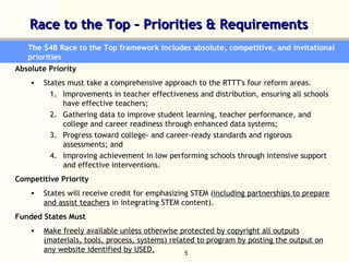 Race to the Top – Priorities & Requirements The $4B Race to the Top framework includes absolute, competitive, and invitational priorities Absolute Priority  States must take a comprehensive approach to the RTTT's four reform areas.  Improvements in teacher effectiveness and distribution, ensuring all schools have effective teachers;  Gathering data to improve student learning, teacher performance, and college and career readiness through enhanced data systems;  Progress toward college- and career-ready standards and rigorous assessments; and  Improving achievement in low performing schools through intensive support and effective interventions. Competitive Priority  States will receive credit for emphasizing STEM ( including partnerships to prepare and assist teachers  in integrating STEM content). Funded States Must Make freely available unless otherwise protected by copyright all outputs (materials, tools, process, systems) related to program by posting the output on any website identified by USED. 