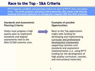 Race to the Top – S&A Criteria   RTTT features condition and planning criteria for each of RTTT's four core policy areas.  The draft program's planning criteria generally offer states wide latitude, enabling interested applicants to strategically integrate OER into their proposals.   Standards and Assessments Planning Criteria:  States must propose a high quality plan to implement standards and aligned assessments tied to the NGA/CCSSO common core.  Examples of possible Opportunities:  Race to the Top applications might seek funding for developing and implementing  curricular and professional development frameworks  supporting common core standards and assessment implementation (i.e. using RTTT funding for the development of high quality curriculum, courses, and instructional materials)  