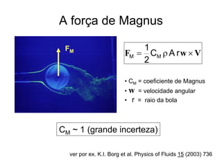 A força de Magnus
VwF ×ρ= rAC
2
1
MM
• CM = coeficiente de Magnus
• w = velocidade angular
• r = raio da bola
FM
CM ~ 1 (grande incerteza)
ver por ex. K.I. Borg et al. Physics of Fluids 15 (2003) 736
 