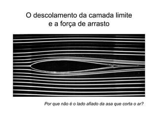 O descolamento da camada limite
e a força de arrasto
Por que não é o lado afiado da asa que corta o ar?
 