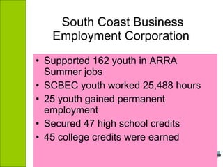 South Coast Business Employment Corporation  Supported 162 youth in ARRA Summer jobs SCBEC youth worked 25,488 hours 25 youth gained permanent employment Secured 47 high school credits 45 college credits were earned 