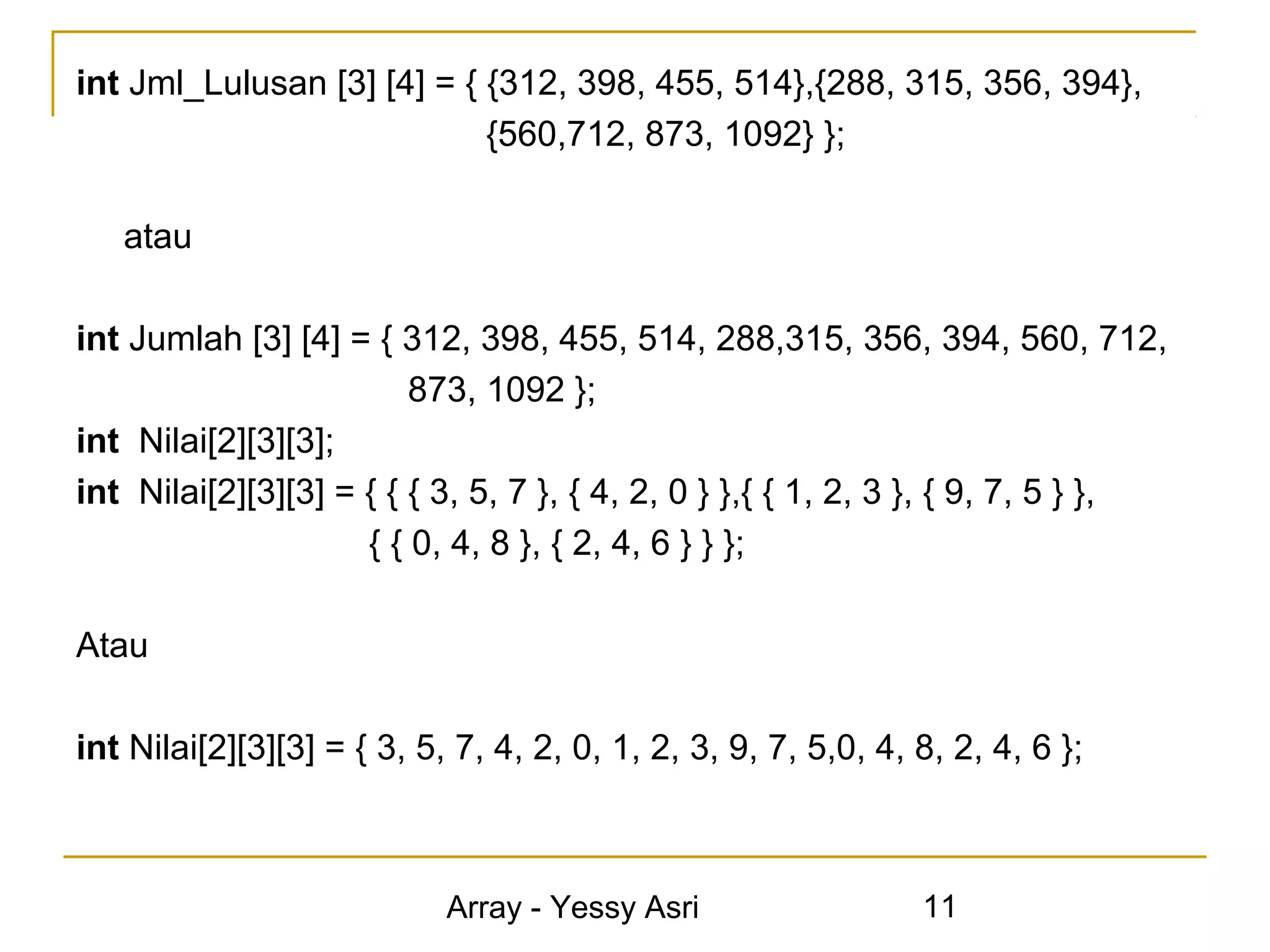 int Jml_Lulusan [3] [4] = { {312, 398, 455, 514},{288, 315, 356, 394},
                            {560,712, 873, 1092} };

   atau

int Jumlah [3] [4] = { 312, 398, 455, 514, 288,315, 356, 394, 560, 712,
                         873, 1092 };
int Nilai[2][3][3];
int Nilai[2][3][3] = { { { 3, 5, 7 }, { 4, 2, 0 } },{ { 1, 2, 3 }, { 9, 7, 5 } },
                     { { 0, 4, 8 }, { 2, 4, 6 } } };

Atau

int Nilai[2][3][3] = { 3, 5, 7, 4, 2, 0, 1, 2, 3, 9, 7, 5,0, 4, 8, 2, 4, 6 };



                            Array - Yessy Asri                  11
 