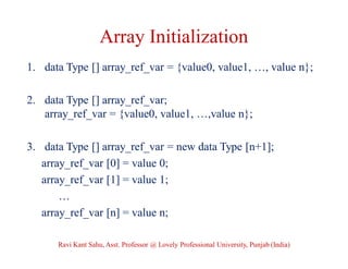 Array Initialization
1. data Type [] array_ref_var = {value0, value1, …, value n};
2. data Type [] array_ref_var;
array_ref_var = {value0, value1, …,value n};
3. data Type [] array_ref_var = new data Type [n+1];
array_ref_var [0] = value 0;
array_ref_var [1] = value 1;
…
array_ref_var [n] = value n;
Ravi Kant Sahu, Asst. Professor @ Lovely Professional University, Punjab (India)
 