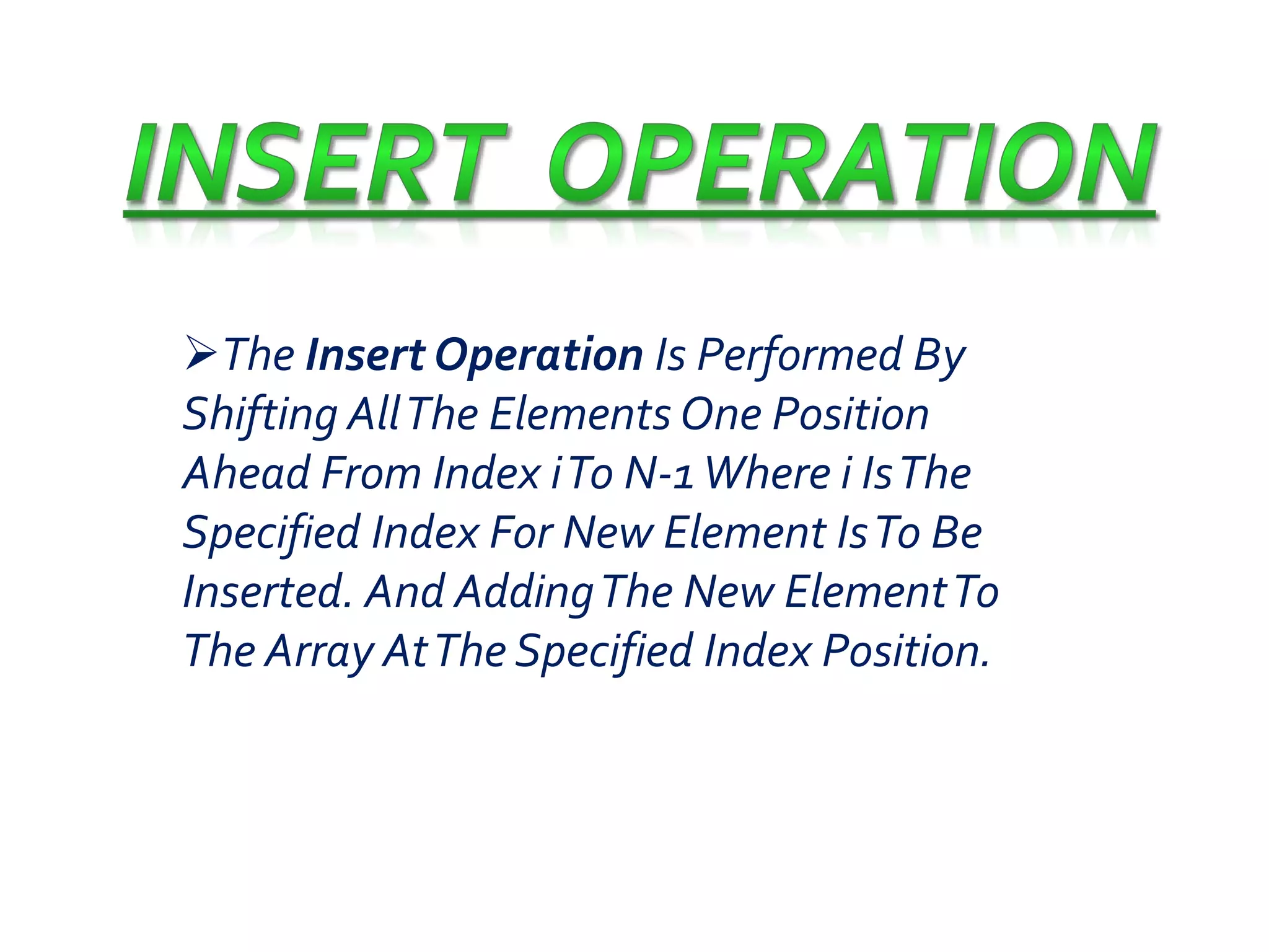 The Insert Operation Is Performed By 
Shifting All The Elements One Position 
Ahead From Index iTo N-1 Where i Is The 
Specified Index For New Element Is To Be 
Inserted. And Adding The New Element To 
The Array At The Specified Index Position. 
 