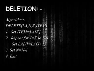 DELETION:- 
Algorithm:- 
DELETE(LA,N,K,ITEM) 
1. Set ITEM=LA[K] 
2. Repeat for J=K to N-1 
Set LA[J]=LA[J+1] 
3. Set N=N-1 
4. Exit 
 