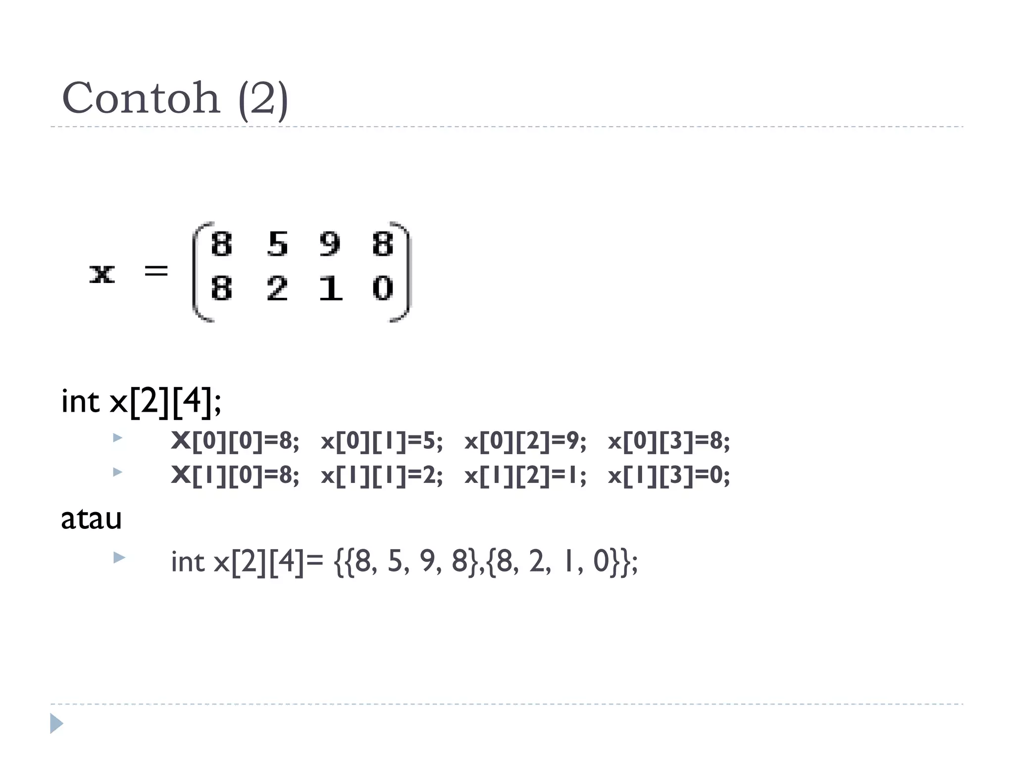 Contoh (2)
Deklarasi:
int x[2][4];
 X[0][0]=8; x[0][1]=5; x[0][2]=9; x[0][3]=8;
 X[1][0]=8; x[1][1]=2; x[1][2]=1; x[1][3]=0;
atau
 int x[2][4]= {{8, 5, 9, 8},{8, 2, 1, 0}};
 