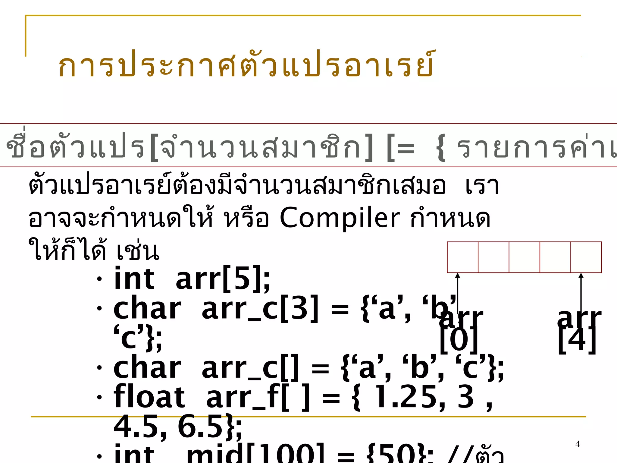 4
การประกาศตัวแปรอาเรย์
ชื่อตัวแปร[จำานวนสมาชิก] [= { รายการค่าเ
ตัวแปรอาเรย์ต้องมีจำานวนสมาชิกเสมอ เรา
อาจจะกำาหนดให้ หรือ Compiler กำาหนด
ให้ก็ได้ เช่น
•int arr[5];
•char arr_c[3] = {‘a’, ‘b’,
‘c’};
•char arr_c[] = {‘a’, ‘b’, ‘c’};
•float arr_f[ ] = { 1.25, 3 ,
4.5, 6.5};
arr
[0]
arr
[4]
 