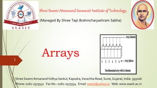 (Managed By Shree Tapi Brahmcharyashram Sabha)
Shree Swami AtmanandVidhya Sankul, Kapodra,Varachha Road, Surat, Gujarat, India. 395006
Phone: 0261-2573552 Fax No.: 0261-2573554 Email: ssasit@yahoo.in Web: www.ssasit.ac.in
Shree Swami Atmanand Saraswati Institute of Technology,
Surat
Arrays1
 