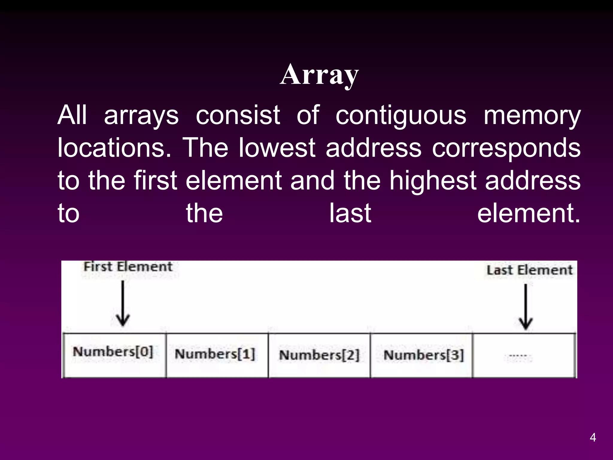 Array
All arrays consist of contiguous memory
locations. The lowest address corresponds
to the first element and the highest address
to the last element.
4
 