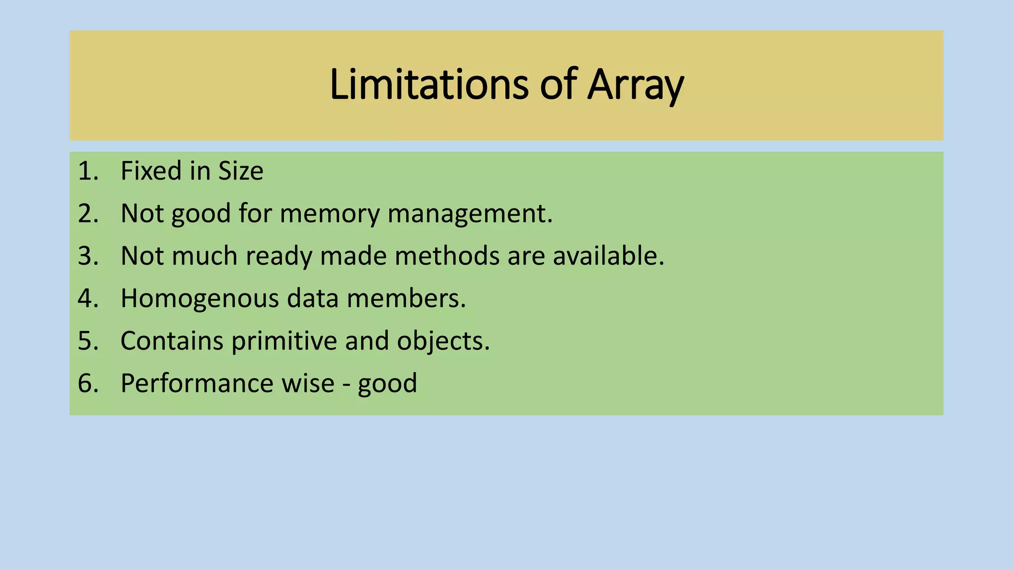 Limitations of Array
1. Fixed in Size
2. Not good for memory management.
3. Not much ready made methods are available.
4. Homogenous data members.
5. Contains primitive and objects.
6. Performance wise - good