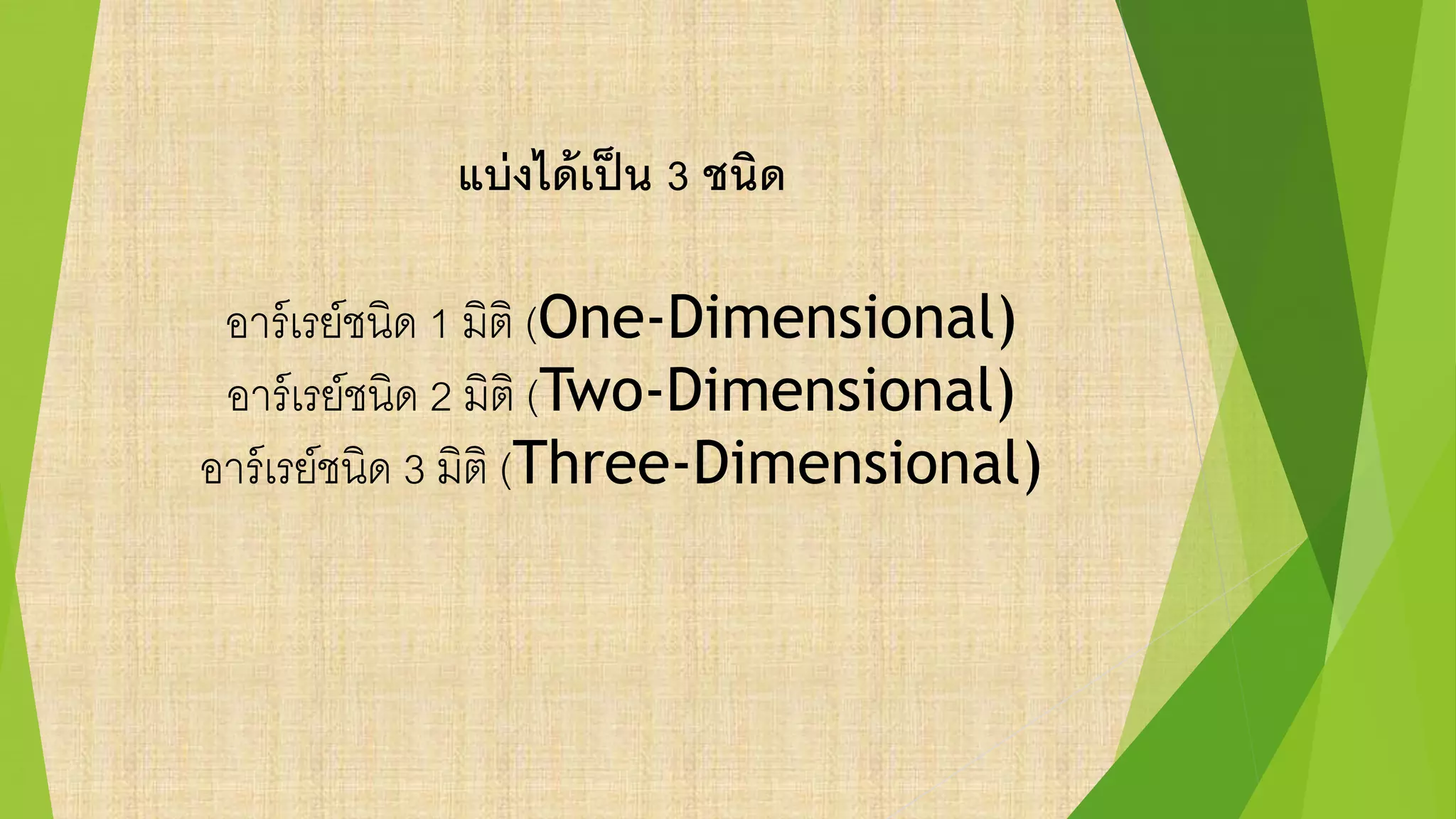 แบ่งได้เป็น 3 ชนิด
อาร์เรย์ชนิด 1 มิติ (One-Dimensional)
อาร์เรย์ชนิด 2 มิติ (Two-Dimensional)
อาร์เรย์ชนิด 3 มิติ (Three-Dimensional)
 