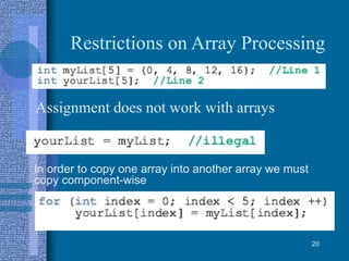 Restrictions on Array Processing
Assignment does not work with arrays
20
In order to copy one array into another array we must
copy component-wise
 