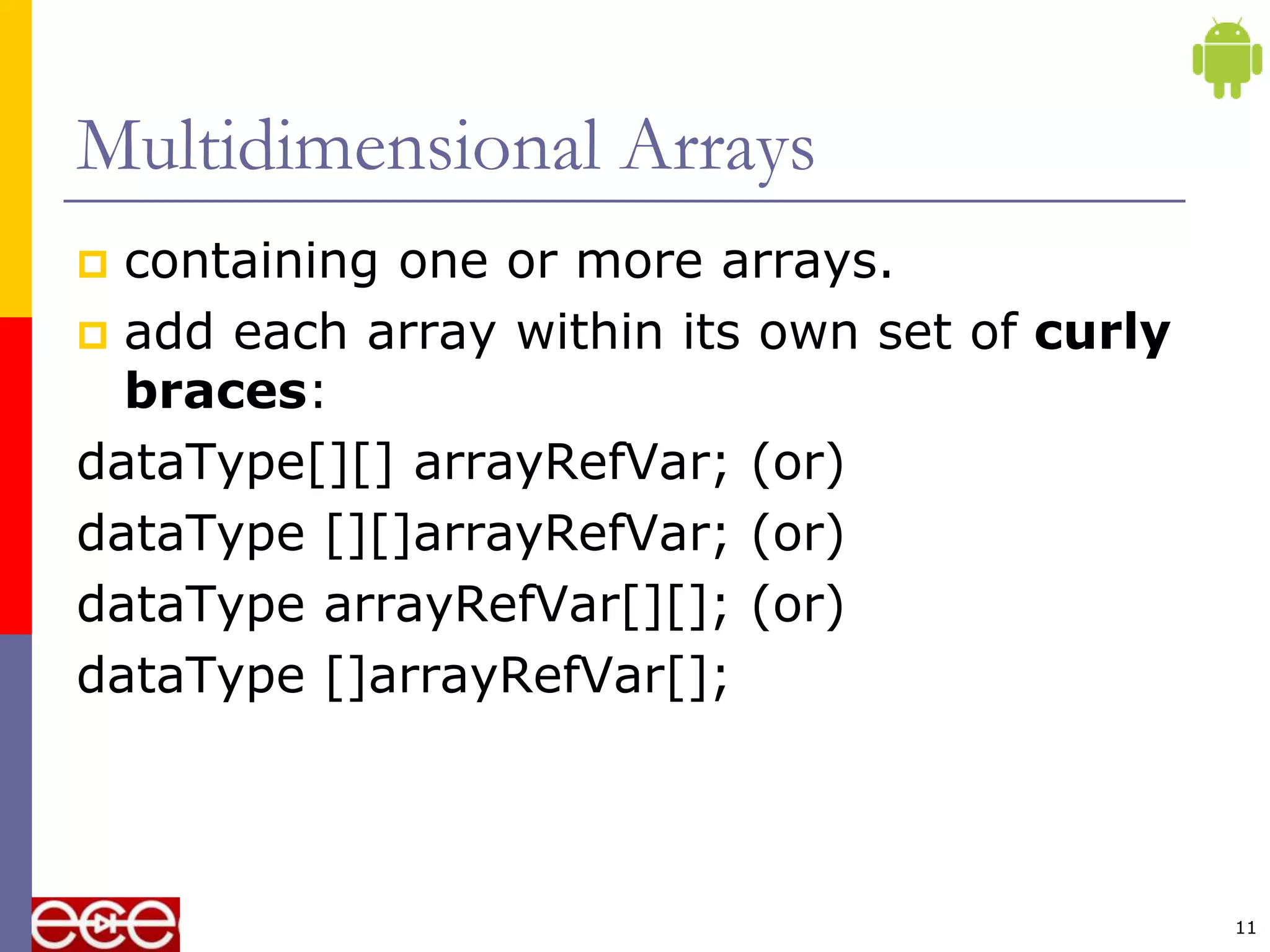 Multidimensional Arrays
 containing one or more arrays.
 add each array within its own set of curly
braces:
dataType[][] arrayRefVar; (or)
dataType [][]arrayRefVar; (or)
dataType arrayRefVar[][]; (or)
dataType []arrayRefVar[];
11
 