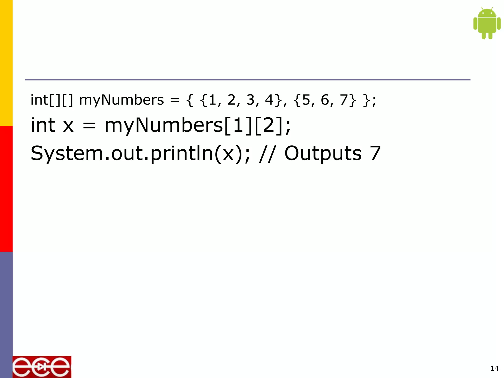 int[][] myNumbers = { {1, 2, 3, 4}, {5, 6, 7} };
int x = myNumbers[1][2];
System.out.println(x); // Outputs 7
14
 