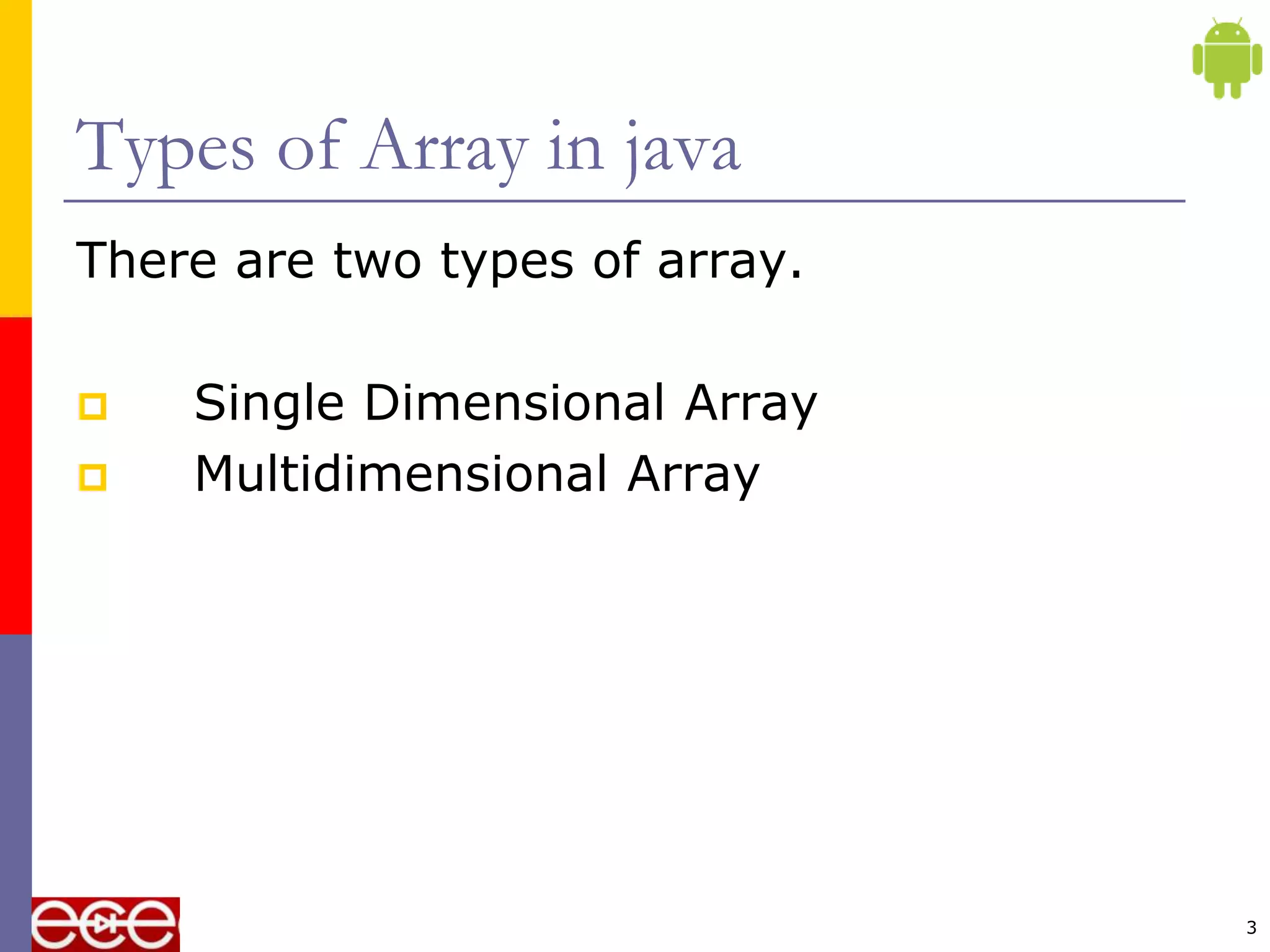 Types of Array in java
There are two types of array.
 Single Dimensional Array
 Multidimensional Array
3
 