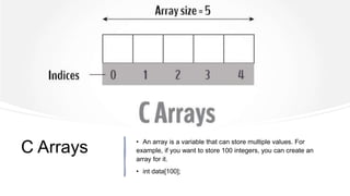 C Arrays
• An array is a variable that can store multiple values. For
example, if you want to store 100 integers, you can create an
array for it.
• int data[100];
 