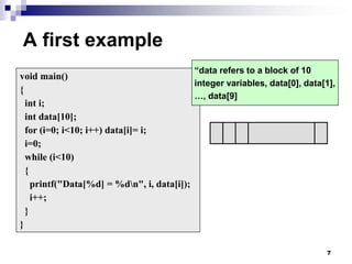 7
A first example
void main()
{
int i;
int data[10];
for (i=0; i<10; i++) data[i]= i;
i=0;
while (i<10)
{
printf("Data[%d] = %dn", i, data[i]);
i++;
}
}
“data refers to a block of 10
integer variables, data[0], data[1],
…, data[9]
 