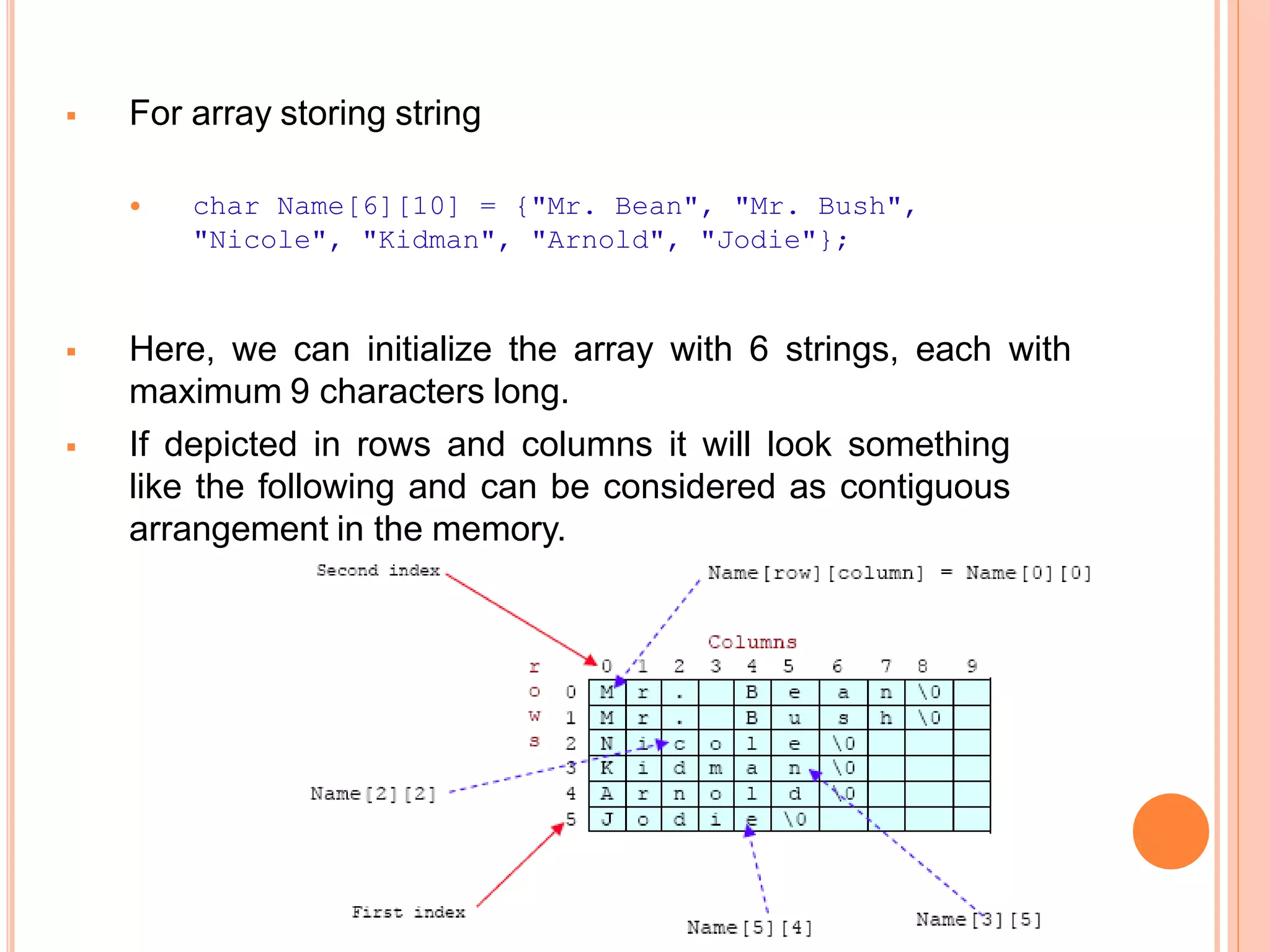  For array storing string
 char Name[6][10] = {"Mr. Bean", "Mr. Bush",
"Nicole", "Kidman", "Arnold", "Jodie"};
 Here, we can initialize the array with 6 strings, each with
maximum 9 characters long.
 If depicted in rows and columns it will look something
like the following and can be considered as contiguous
arrangement in the memory.
 