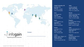 16
Copyright © 2021 Infogain Corporation. All Rights Reserved.
Infogain Corporation, HQ
485 Alberto Way
Suite 100
Los Gatos, CA 95032
Phone: 408-355-6000
Austin
111 W. Anderson Lane
Suite E336
Austin, TX 78752
Phone: 512-212-4070
Noida
A-16 & 21, Sector 60
Gautam Budh Nagar
Noida – 201 301, India
Phone: +91 12 0244 5144
Mumbai
Unit No. 74, 2nd Floor, SDF 3
SEEPZ, Andheri East
Mumbai – 400 096, India
Phone: +91 22 6114 6969
Irvine
41 Corporate Park
Suite 390
Irvine, CA 92606
Phone: 949-223-5100
Bengaluru
#7, 18th Main Road, 7th Block
Koramangala
Bengaluru - 560 095, India
Phone: +91 80 4110 4560
London
Millbank Tower, Citibase 21-24
Millbank, office no 1.7
London SW1P 4DP
Phone: +44 (0)20 3355 7594
Dubai
Office No. 255, Building No. 17
Dubai Internet City
Dubai, UAE
Phone: +971-4-458-7336
Phoenix
21410 North 19th Ave
Suite 114
Phoenix, AZ 85027
Phone: 602-455-1860
Singapore
144 Robinson Road, #13-01
Robinson Square
Singapore 068908
Phone: +65 62741455
16
Contact :
 