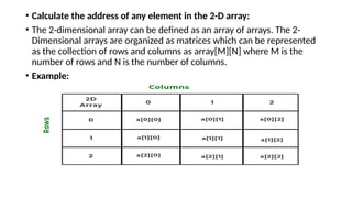 • Calculate the address of any element in the 2-D array:
• The 2-dimensional array can be defined as an array of arrays. The 2-
Dimensional arrays are organized as matrices which can be represented
as the collection of rows and columns as array[M][N] where M is the
number of rows and N is the number of columns.
• Example:
 
